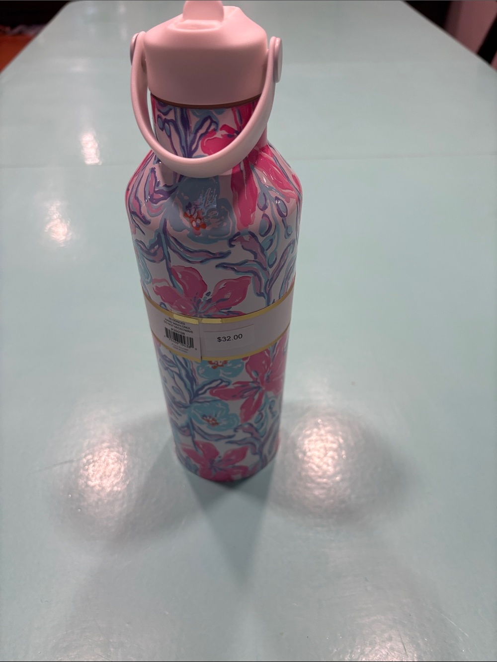 Lilly Pulitzer Pink & Light Blue Floral Water Bottle with Gold Logo - Picture 4 of 5